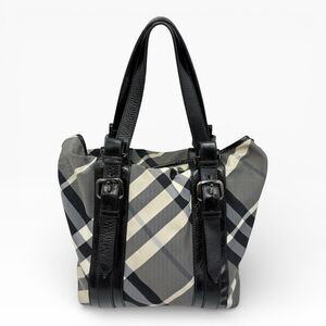 BURBERRY BEAT CHECK VICTORIA NYLON PATENT LEATHER TOTE BAG